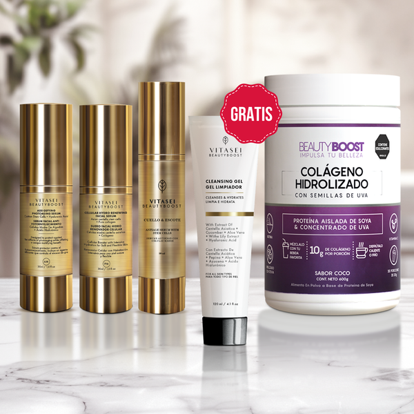 KIT SERUMS DÍA Y NOCHE + SERUM CUELLO Y ESCOTE + COLÁGENO + GRATIS GEL LIMPIADOR