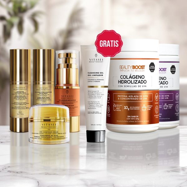 KIT SERUMS FACIALES AM Y PM + CONTORNOS DE OJOS AM Y PM + 2 COLÁGENOS + GRATIS GEL LIMPIADOR