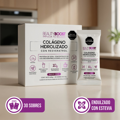Sachets de Colágeno hidrolizado con resveratrol y biotina sabor coco, endulzado con estevia