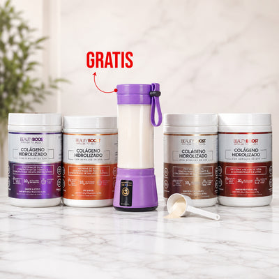 kit 4 colágenos sin edulcorantes (coco, frutos rojos, chocolate, sin sabor) + GRATIS mini licuadora