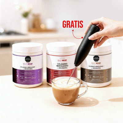 Kit 3 colágenos 300g sabor coco + frutos rojos + chocolate + GRATIS mezclador eléctrico