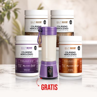 kit 4 colágenos con estevia (coco, sin sabor, 2 chocolate) + mini licuadora portátil GRATIS