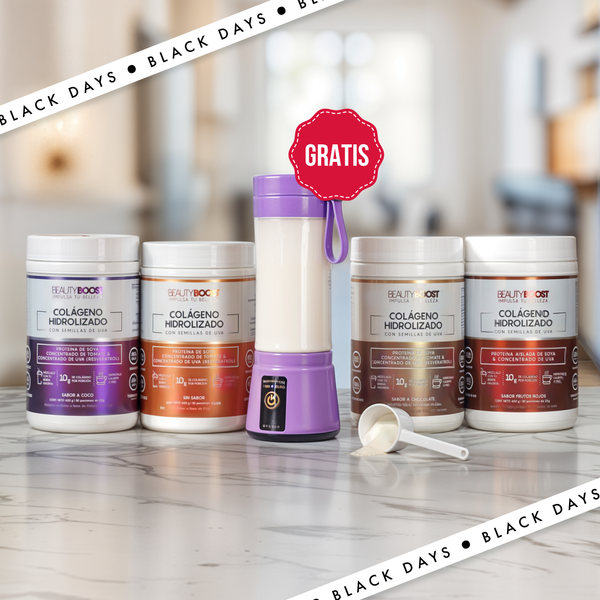 kit 4 colágenos sin edulcorantes (coco, frutos rojos, chocolate, sin sabor) + GRATIS mini licuadora