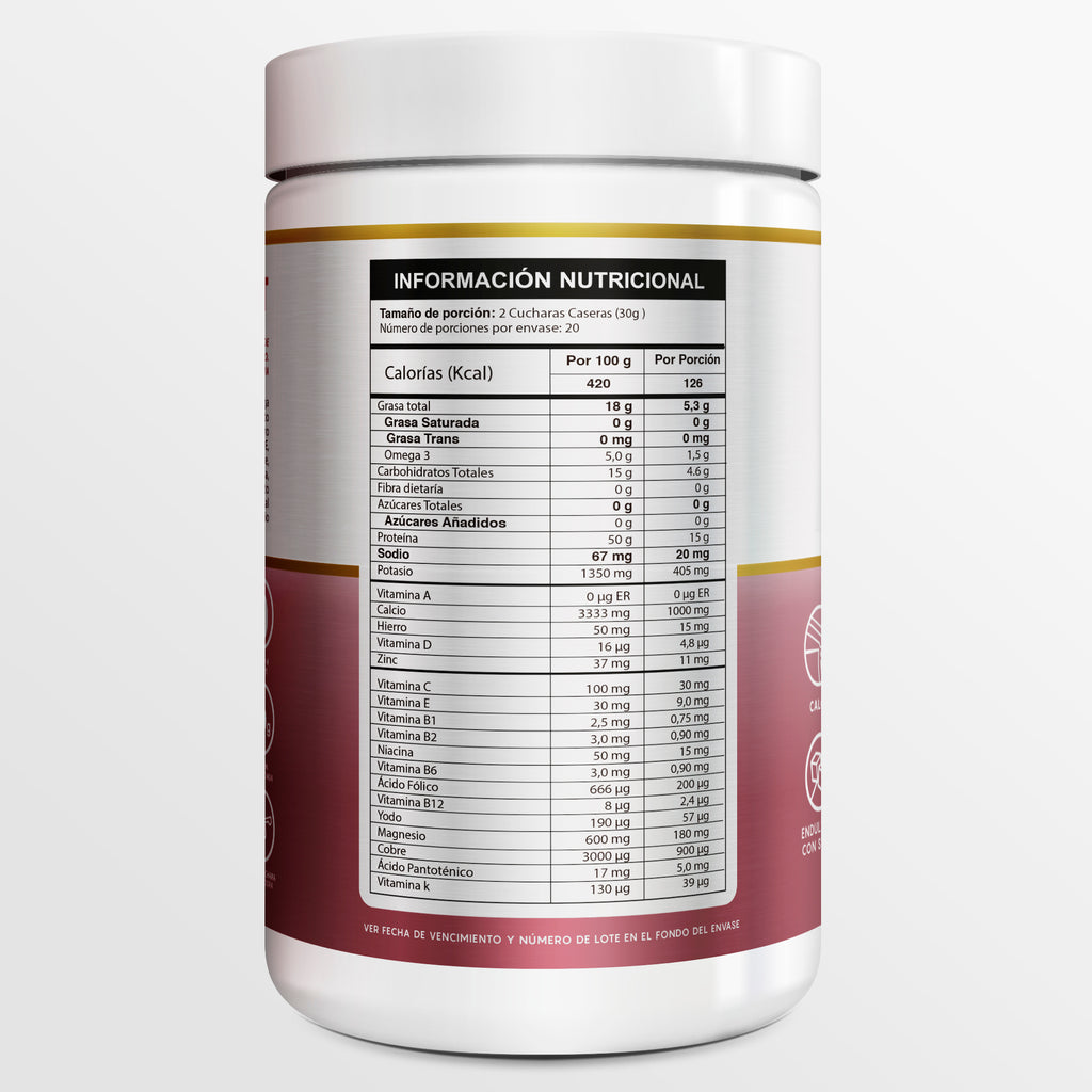 PROTEÍNA AISLADA ENRIQUECIDA CON CALCIO, OMEGAS 3, 6, 9, VITAMINAS Y MINERALES