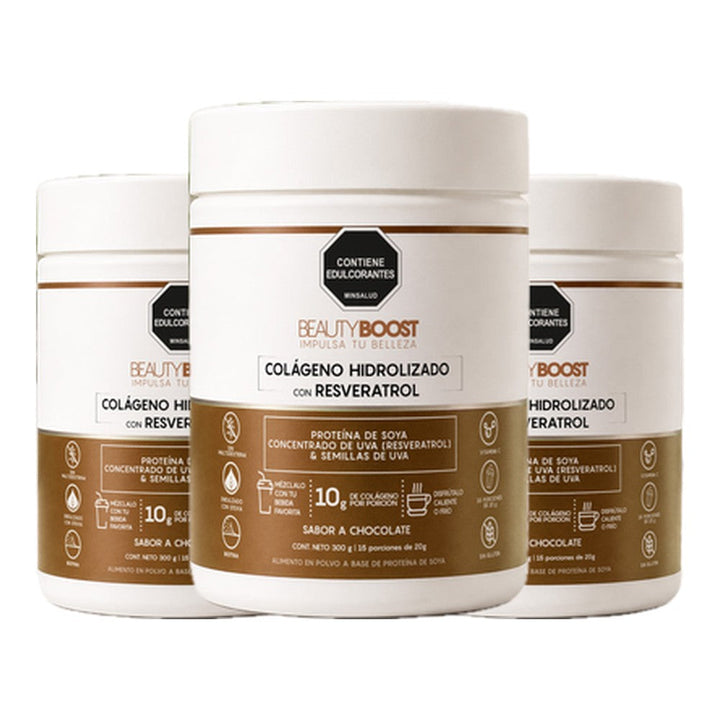 Kit x 3 colágeno hidrolizado con resveratrol y biotina sabor chocolate - Edición especial 300 g